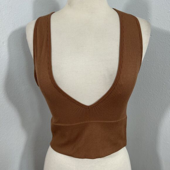 Priceless Crop‎ Tank Top Womens M Or L Cocoa Deep V Sleeveless Ribbed Y2K - Picture 1 of 9